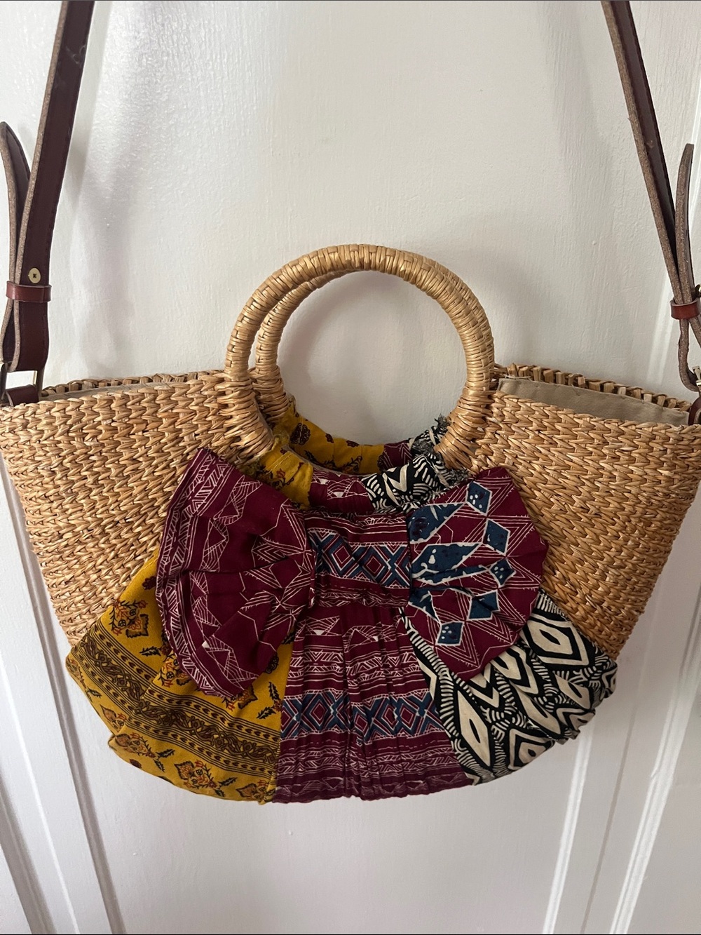 Sam Edelman Straw Circle-Handle Tote with Burgundy, Mustard & Navy Patchwork